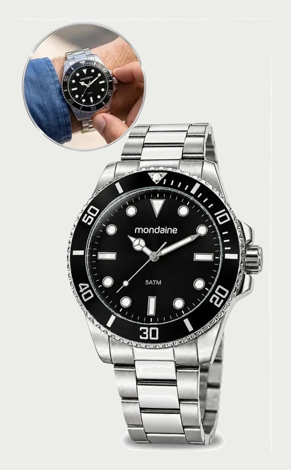 Relógio Mondiane Masculino 32549g0mvne1 Aco Inox Prata Fundo Preto Analogico Prova Dágua 50m