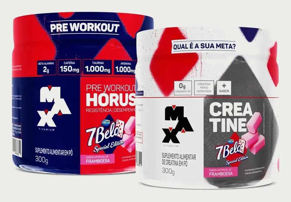 Kit Pré Treino Hórus 7 Belo + Creatina 7 Belo Max Titanium 300g Framboesa 150mg Cafeína Energia Força Performance