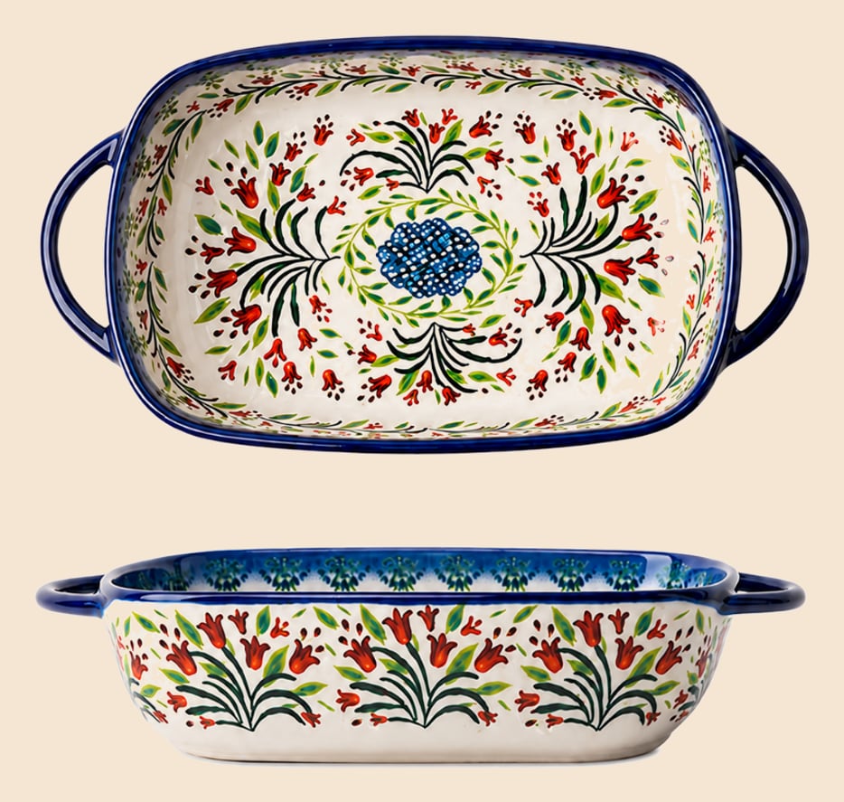 Travessa Retangular de Cerâmica com Alças Duplas 730ml Assadeira Floral Azul Estilo Polonês para Forno