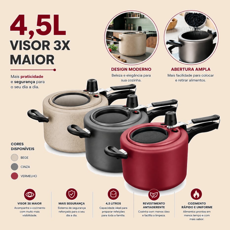 Panela de Pressão 4,5L Antiaderente com Visor de Vidro na Tampa 12cm Grande Grafite / Cereja / Perola 4,5 Litros MTA
