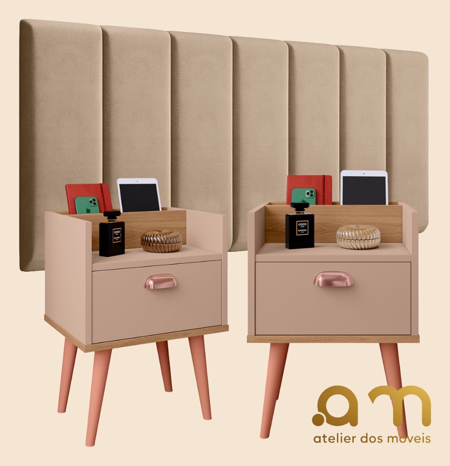 Conjunto P/ Quarto Cabeceira MODULAR 0.90 à 1.95 Cama BOX C/ 2 Mesas de Cabeceira Milena Pés Retrô