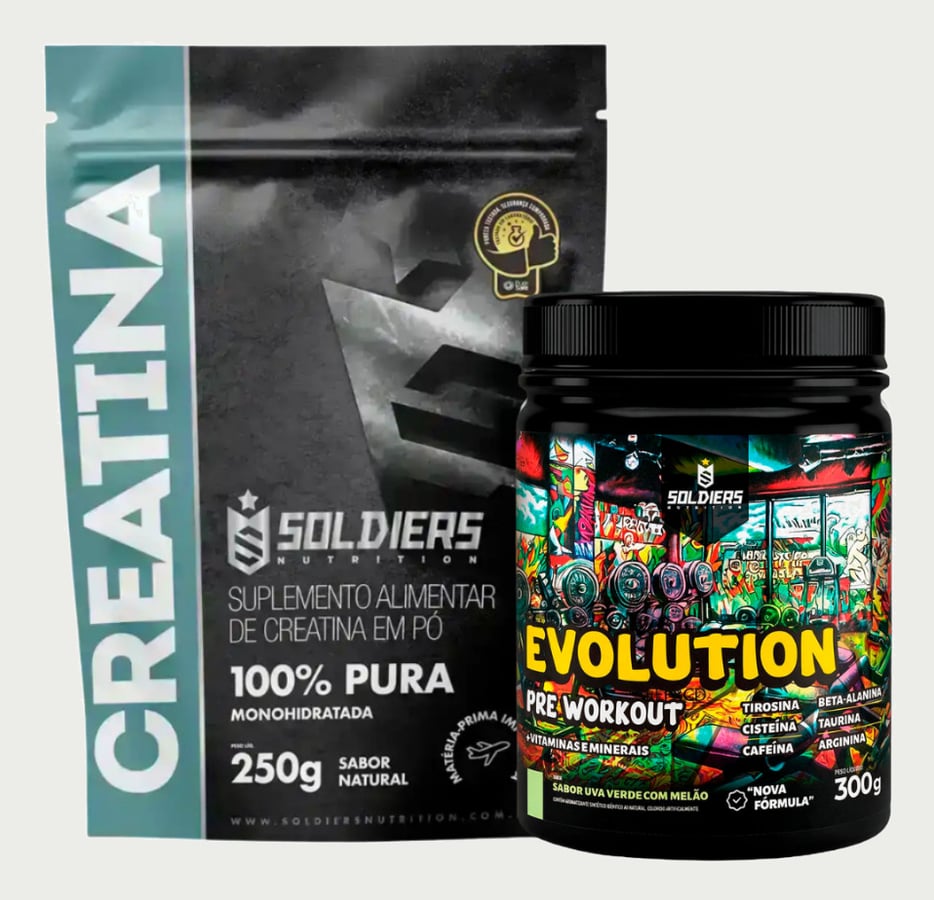 Kit Creatina Monohidratada + Pré Treino Evolution 300g Aminoácidos Essenciais - Soldiers Nutrition