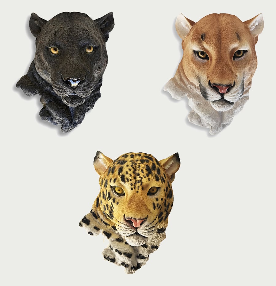 Kit 3 Onça Pintada Pantera Negra e Puma Esculturas Em Resina Fauna Brasileira Decoração Realista