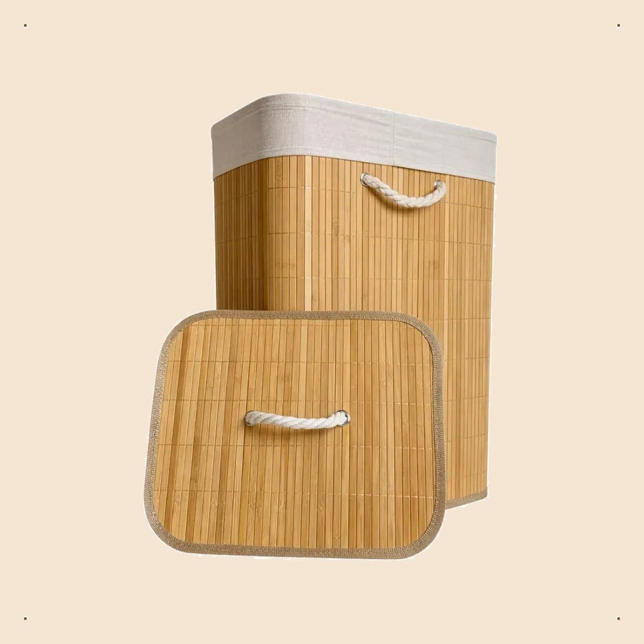 Cesto de Roupa Bambu Retangular de 72L com Tampa e Forro de Linho