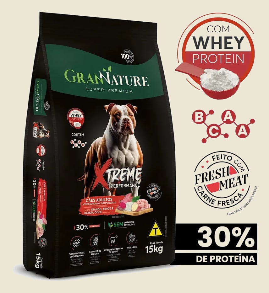 Ração Whey Protein Grannature Xtreme Alta Performance 30% Proteína para Cães Adultos raças Médio E Grande Porte - Alimento Seco Sabor Frango Super Premium Com Bcaa Sem Corantes Saúde Articular 15kg