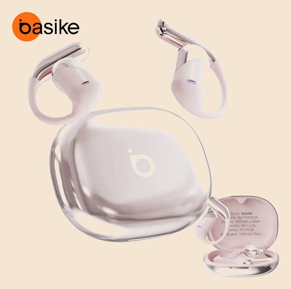 Fone de Ouvido Sem Fio Bluetooth 6.1 Esportivo OWS Com Ganchos Estéreo Hi-Fi com Microfone para Chamadas Claras, Controle de Volume Basike Fone Ouvido para Academia Corrida e Gamer, 100h Standby Rosa