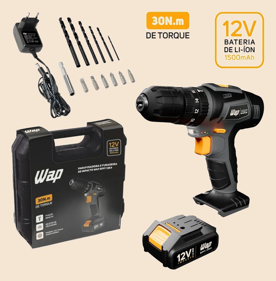 Parafusadeira e Furadeira com Impacto WAP BPFI 12K4 com Led de Iluminação Maleta