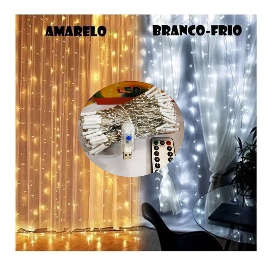 Cortina 300 Leds 3x3 Metros Festa Casamento Eventos Natal Branco Amarelo