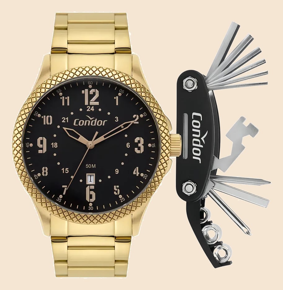Relógio Masculino Condor Dourado + Kit Ferramentas Fundo Preto
