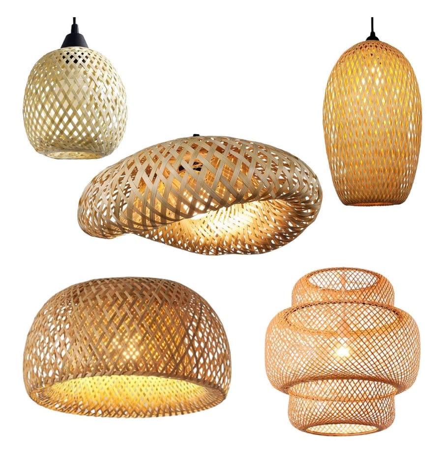 Conjunto Lustres Teto Luminária Pendente Bambu Rattan Rústico Trançado Artesanal Fibra Natural