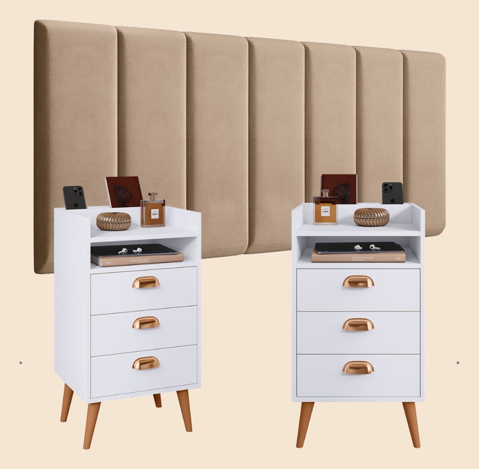 Conjunto Quarto com Cabeceira Casal Modulada com Kit Mesa de Cabeceira HELOÍSA Varias Cores