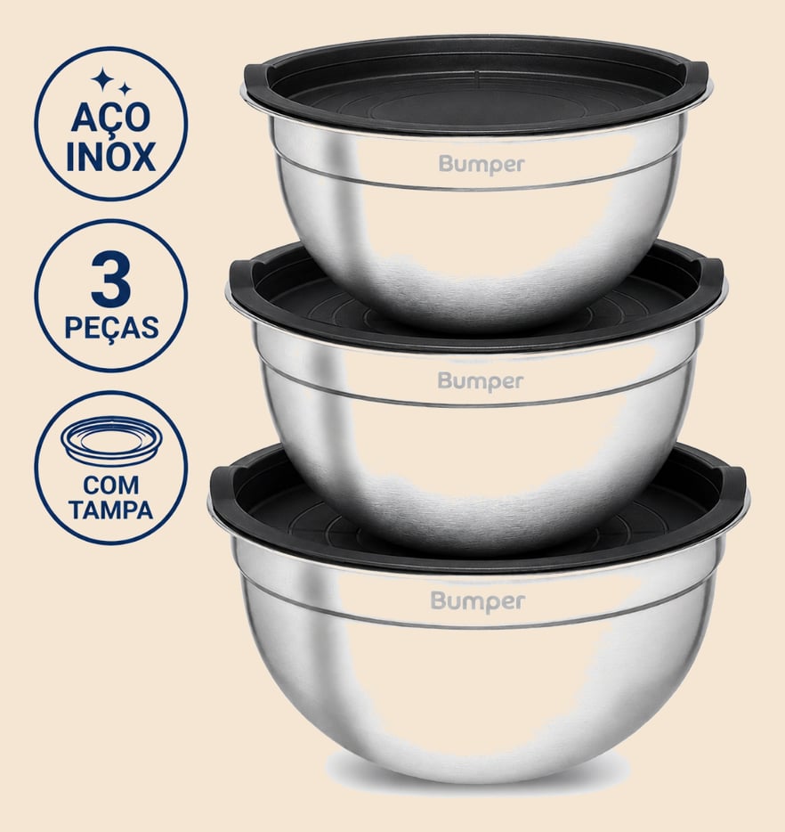 Kit 3 Bowls Inox com Tampa Bumper 1,4L 2L 2,6L Empilháveis Pote Tigela Multiuso