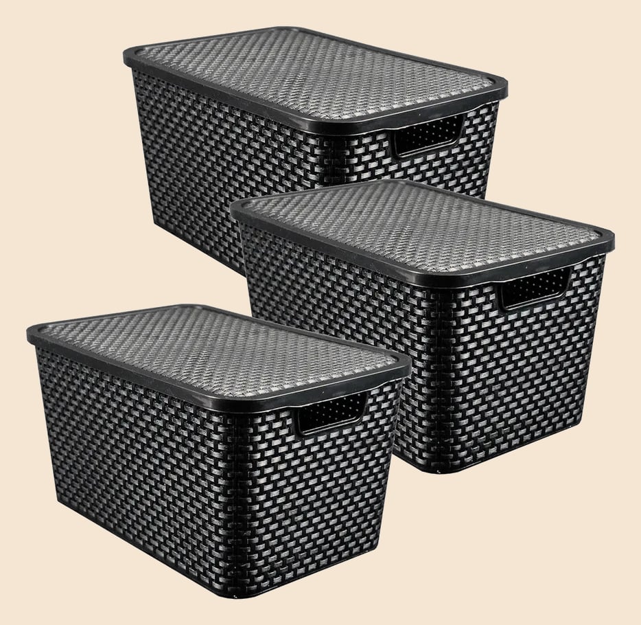 Caixas Organizadora Rattan 7 Litros C/ Tampa Preta Kit 3 Pçs Arqplast