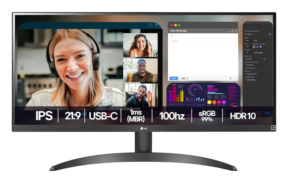 Monitor LG UltraWide - Tela IPS de 29", 21:9, HDR10, sRGB 99%, 100Hz, Preto- 29WQ500B