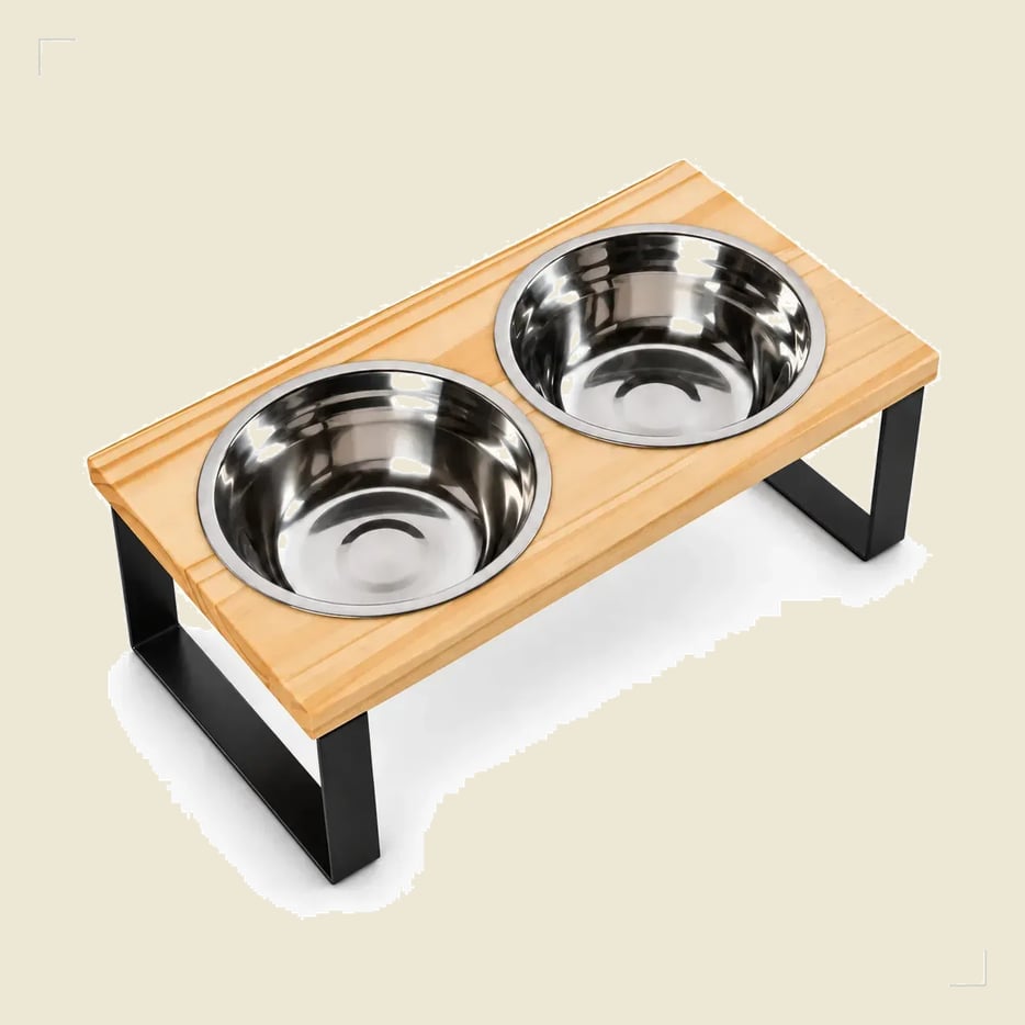 Comedouro Elevado Duplo P Nala tigelas Inox Cães E Gatos - Mádela - porte mini e pequeno - madeira pinus alto