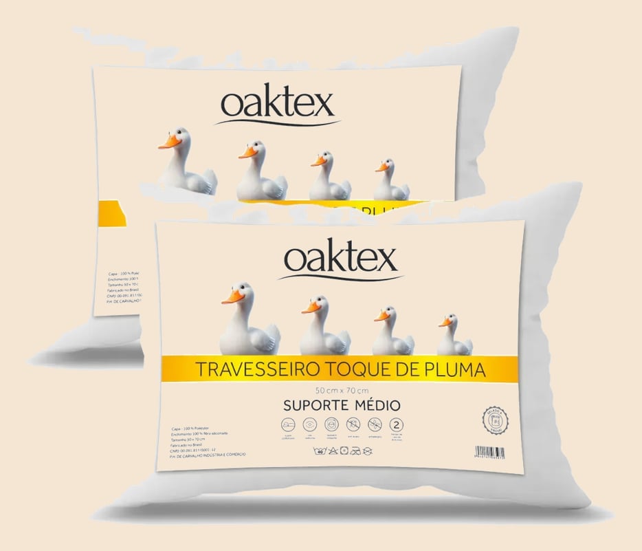 Kit 2 Travesseiros 70x50 Antialérgico Lavável Fibra Siliconada Toque de Pluma de Ganso Oaktex Cor Branco