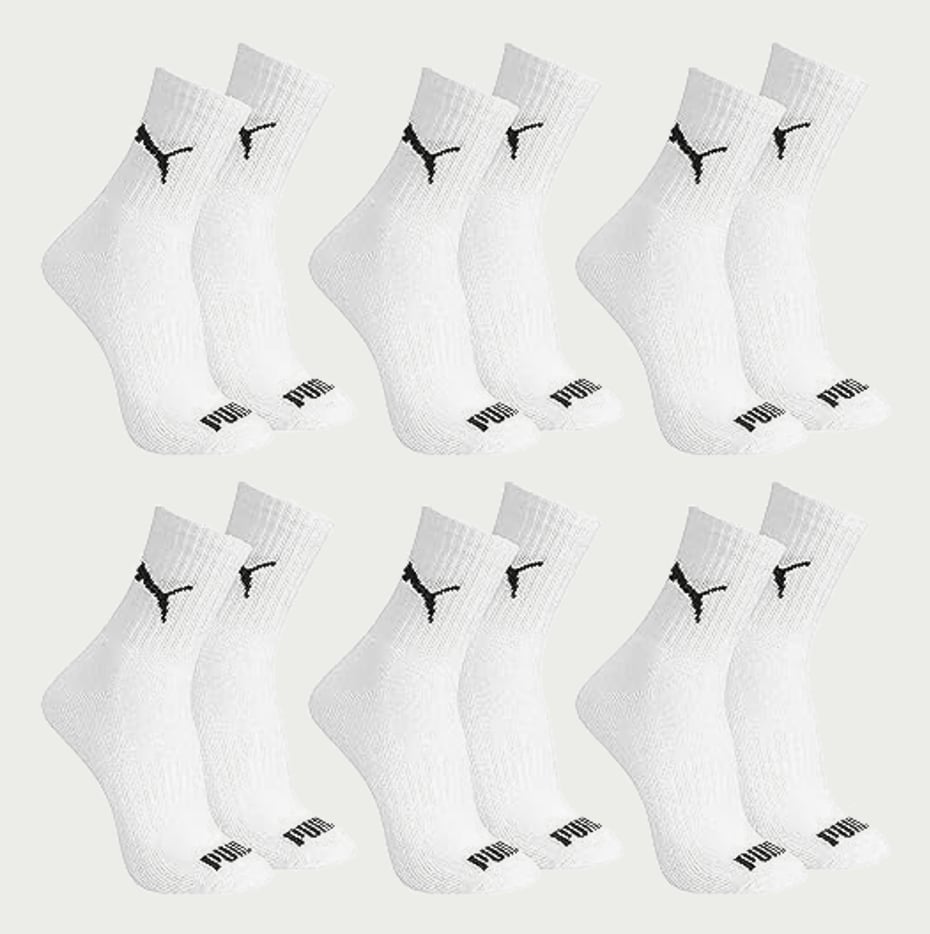 PUMA Kit 6 Pares Meia Cano Médio Esportiva Algodão Sola Atoalhada Costura Fina Masculina Feminina Unissex Adulto, 6 Branco, M (34-39)
