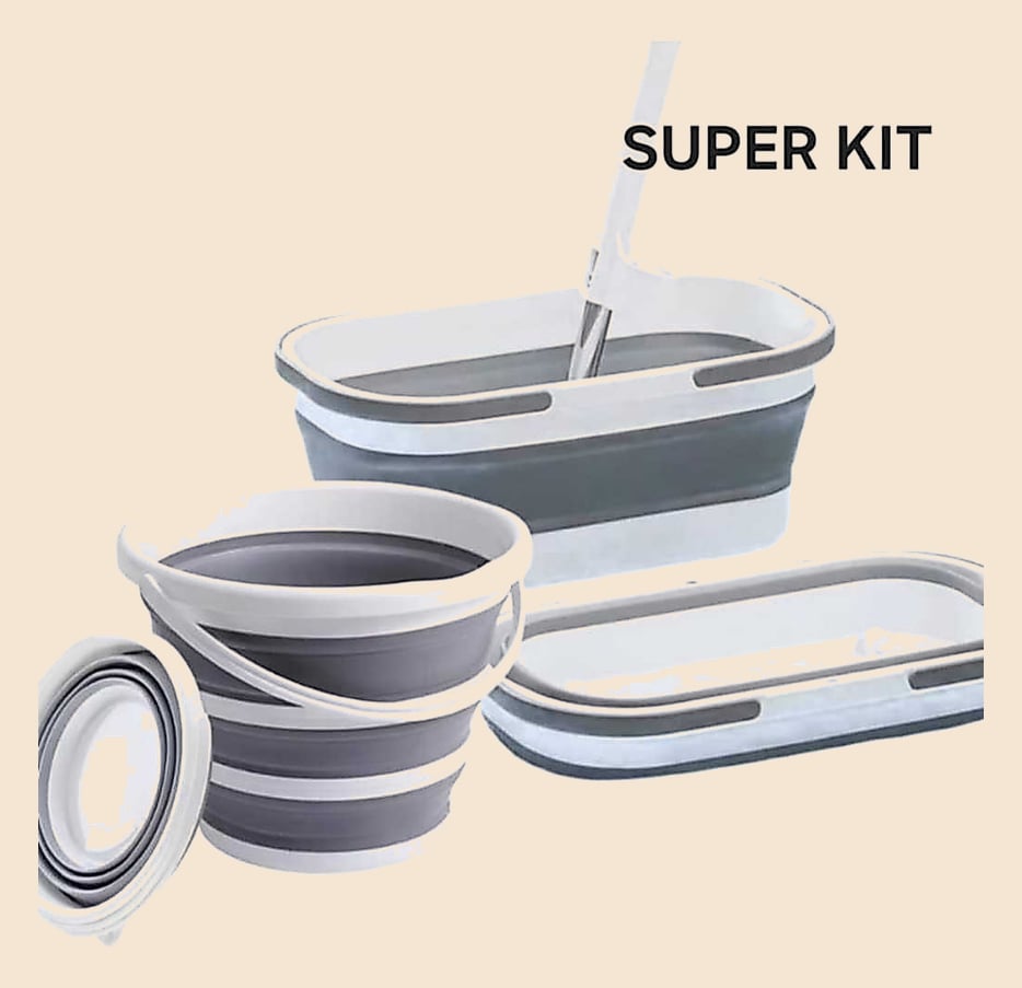 Kit Com Cesto 15 L Dobrável Retrátil Flexível Com Rodinha E Balde 10 Litros Lavanderia