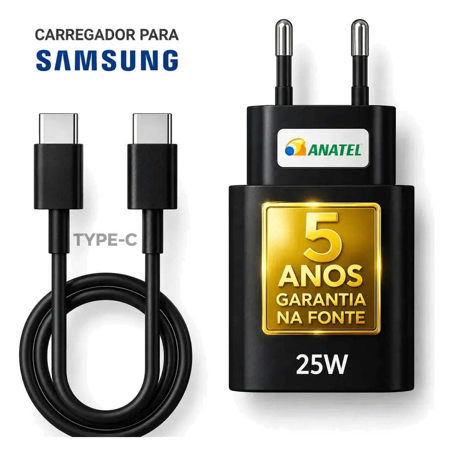 Carregador Super Rápido 25w Para Samsung Galaxy S24 S23 S22 S21 S20 Fe Ultra Motorola M22 M31 M32 M62 M63 M64 G15 Xiaomi Redmi Note 12 13 14 15 LG - Super Fast Cabo Blindado Tipo Usb C -Dtimp