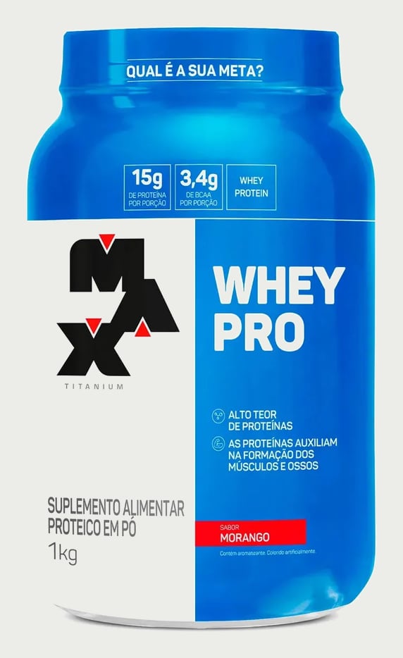 Whey Protein 1kg Whey Pro Max Titanium Sabor Morango BCAA e Aminoácidos