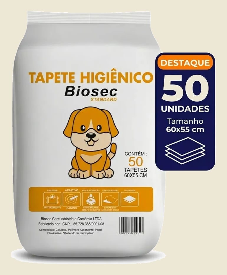 Tapete Higiênico para Cachorro 50 Unidades 60x55cm com Gel Absorvente Fralda Manta Pet Cão Com Fitas Adesivas Anti Odor Atrativo Canino