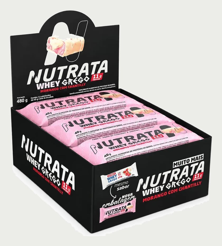 Barra de proteínas Nutrata WHEY Grego 40G sabor Morango com chantilly x 480g 12 un
