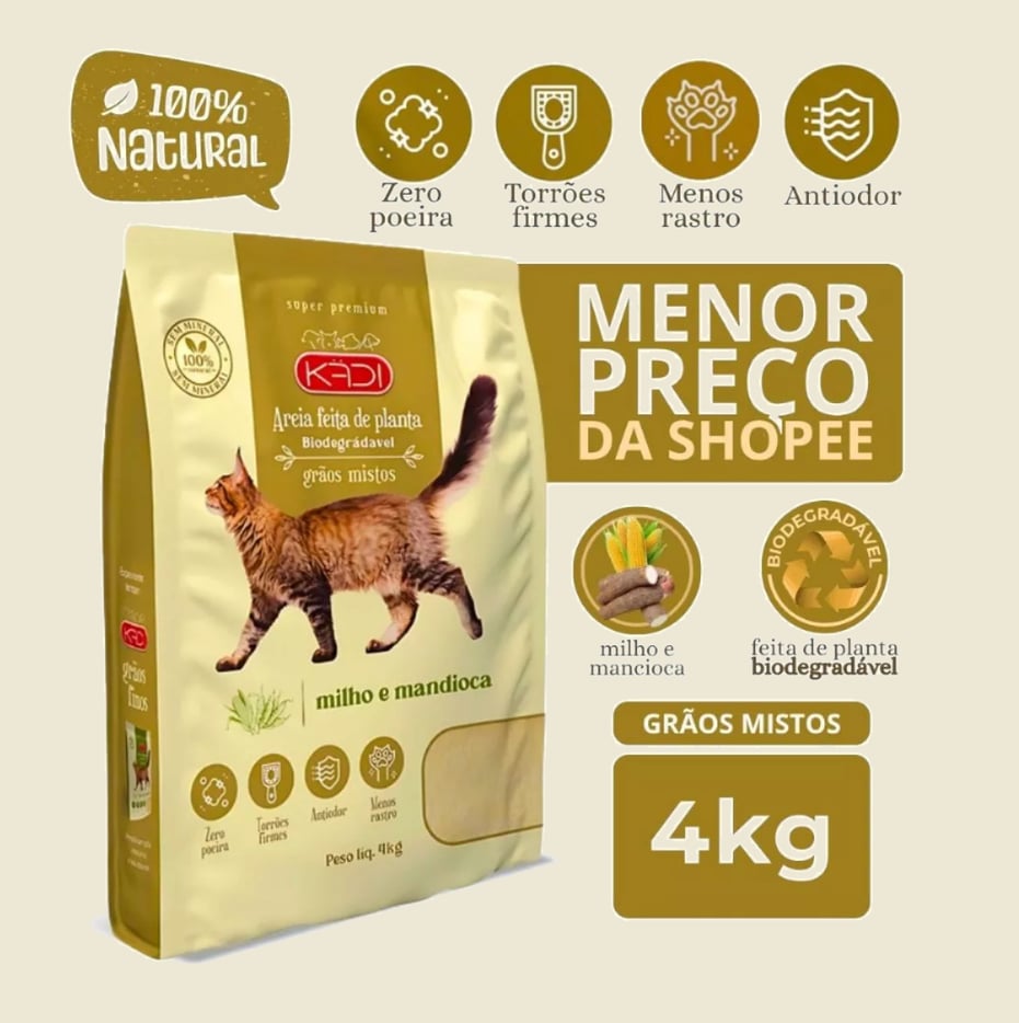 Areia Biodegradável Kadi Grão Misto (fino e grosso) Gato 4kg Milho Mandioca Cat Gatos bio
