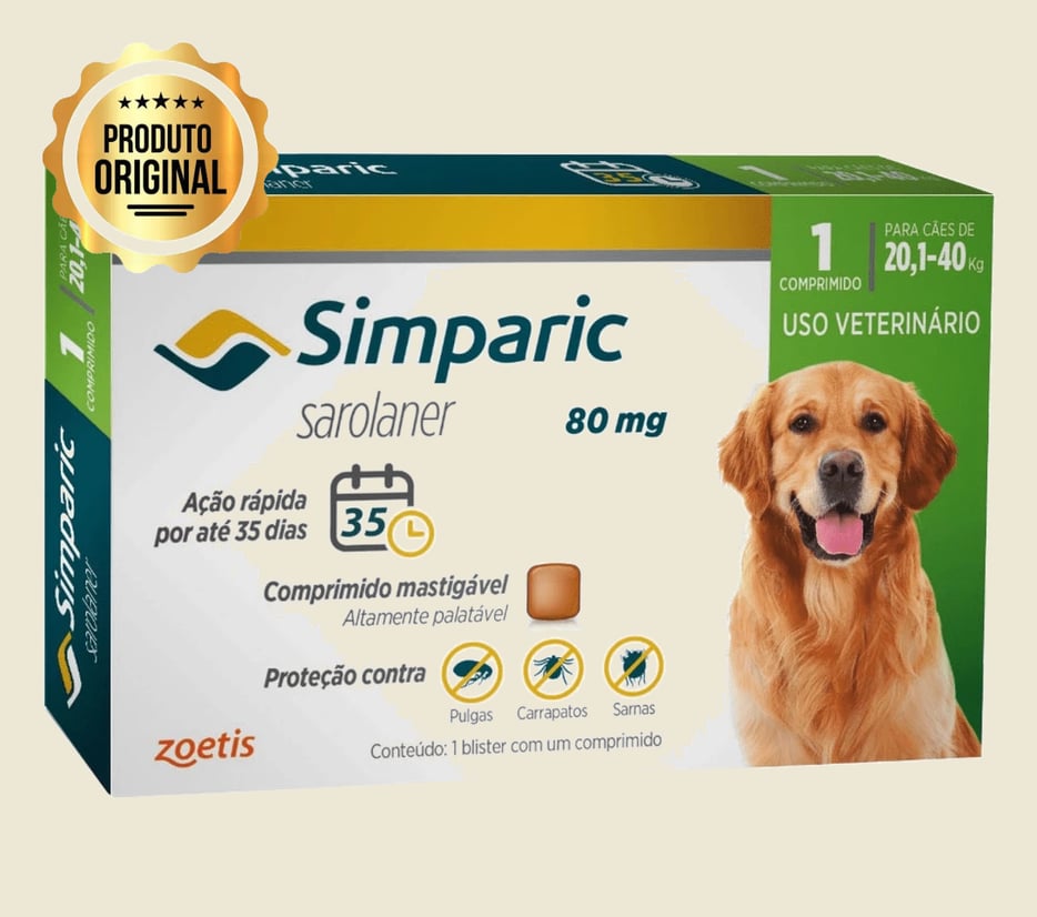 Anti Pulgas e Carrapatos Simparic Cães de 20,1 a 40 Kg - 80 Mg 01 Comprimido - Zoetis