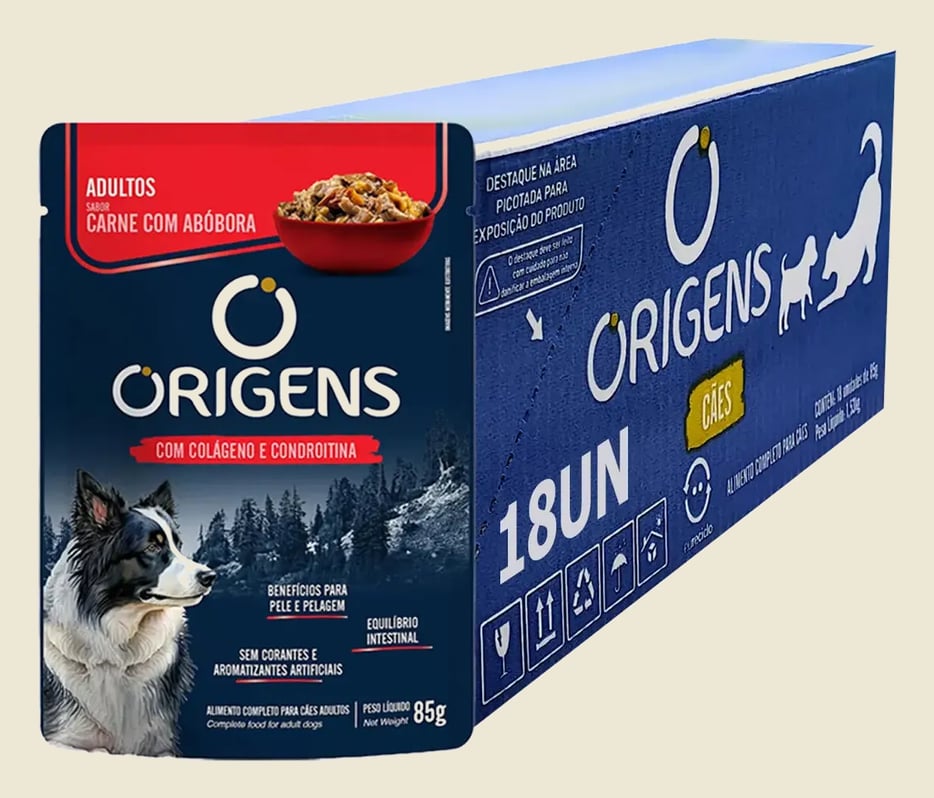 Ração Úmida Origens Sachê Cães Adultos Carne 85g 18 Unid