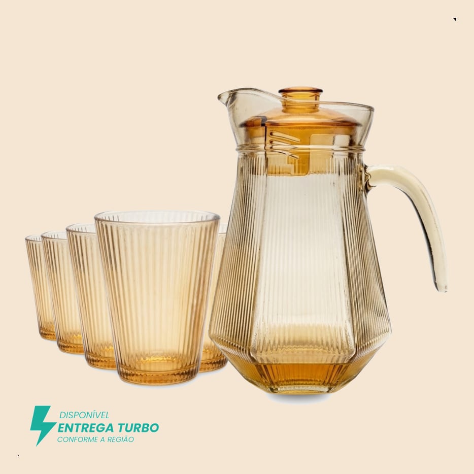 Conjunto de 1 Jarra de Vidro Âmbar com Tampa e 6 Copos – 7 Peças – Design Sofisticado e Resistente
