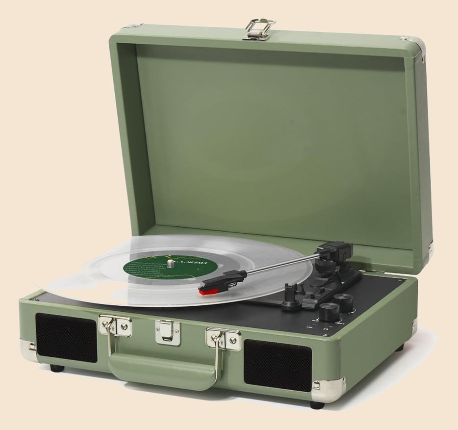 Toca-discos de vinil com alto-falantes, modelo retrô, acionamento por correia, prato giratório com 3 velocidades, reprod