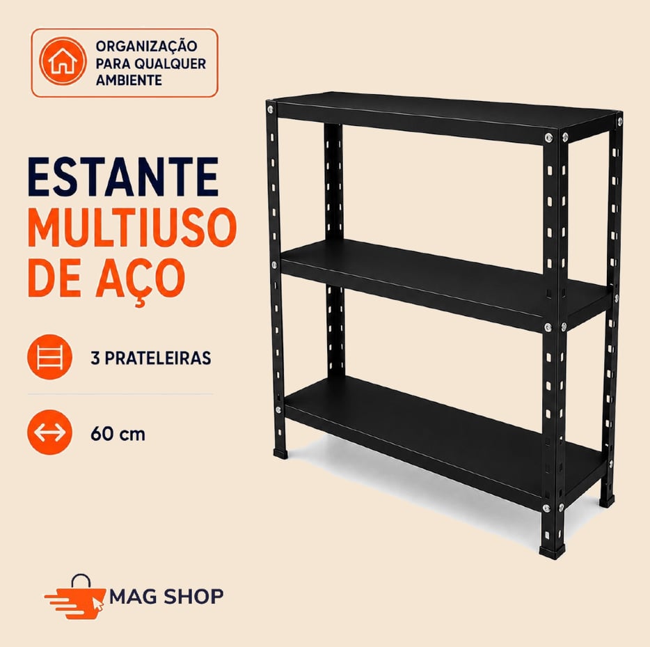 Estante de Aço Multiuso 60cm com 3 Prateleiras Organizadora Resistente para Cozinha Lavanderia Escritório