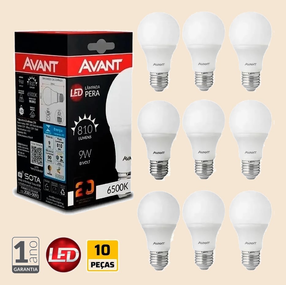 Kit com 10 Lâmpadas Led 9W Bivolt Branco Frio 6500K Avant