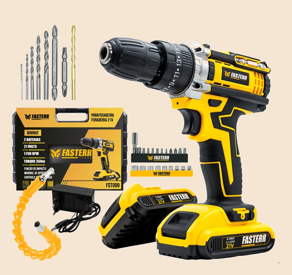 Furadeira Parafusadeira De Impacto 3/8 21V Com 2 Baterias + 29 Acessórios e Maleta FST009 -Fasterr