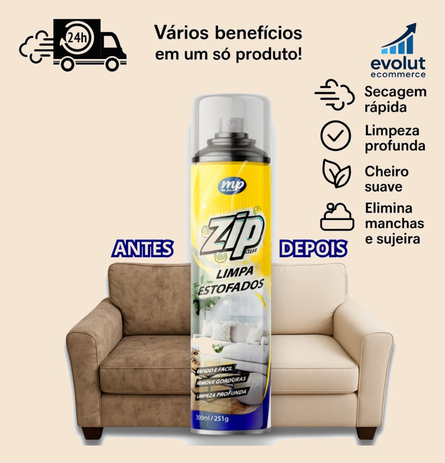 Espuma Spray Zip Clean 300ml Limpa a Seco Sofá, Estofado, Banco de Carro Limpeza Profunda