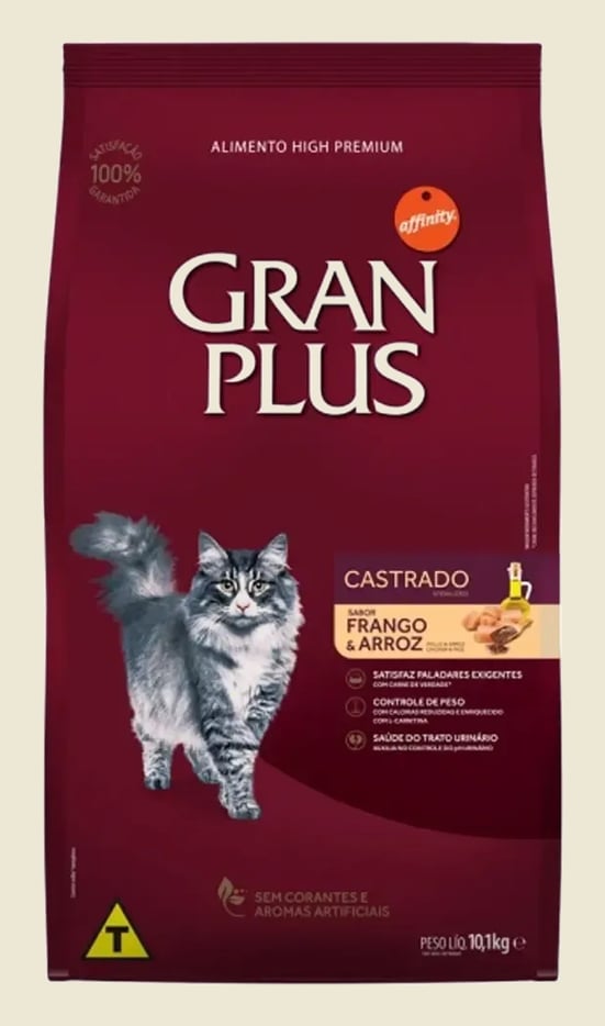 Ração Gran Plus Menu Seco Gato Adulto Castrado Frango Arroz 10.1kg