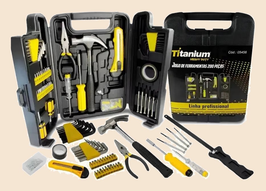 Kit Ferramentas 200 Peças c/ Maleta Titanium - Chaves, Alicates, Martelos, Serra - Aço Carbono - DIY Oficina Casa