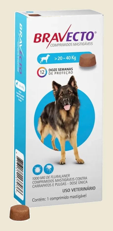 Bravecto Cães 20-40kg 1000mg 1 Comp. Mastigável Msd Azul