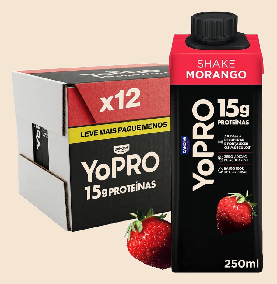YoPRO Bebida Láctea UHT Morango – 15g de Proteínas, Líquido, Caixinha Tetra Pak 250ml (Pack com 12 unidades)