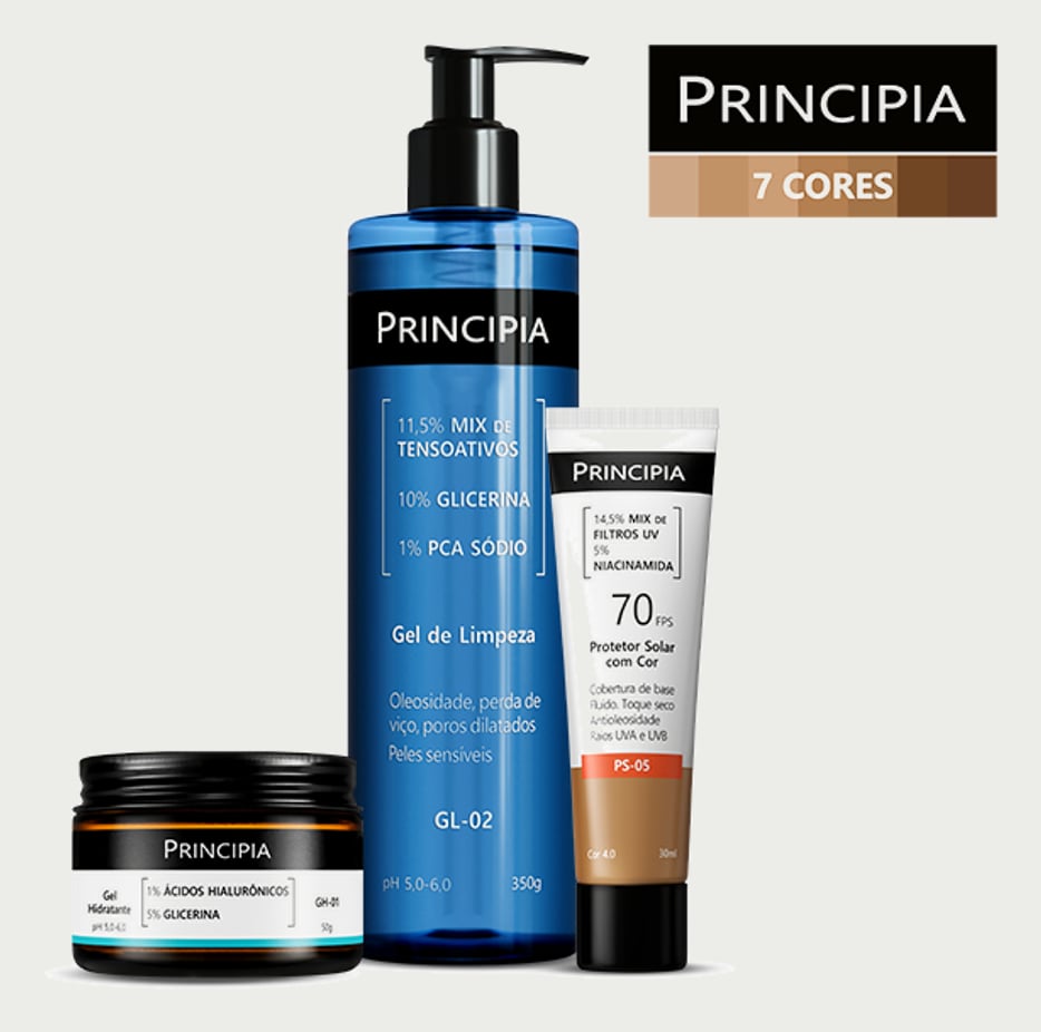 Principia Kit Limpa Hidrata e Protege c/ Gel de Limpeza GL-02 +Gel Hidratante GH-01 + Protetor Cor PS-05 FPS 70