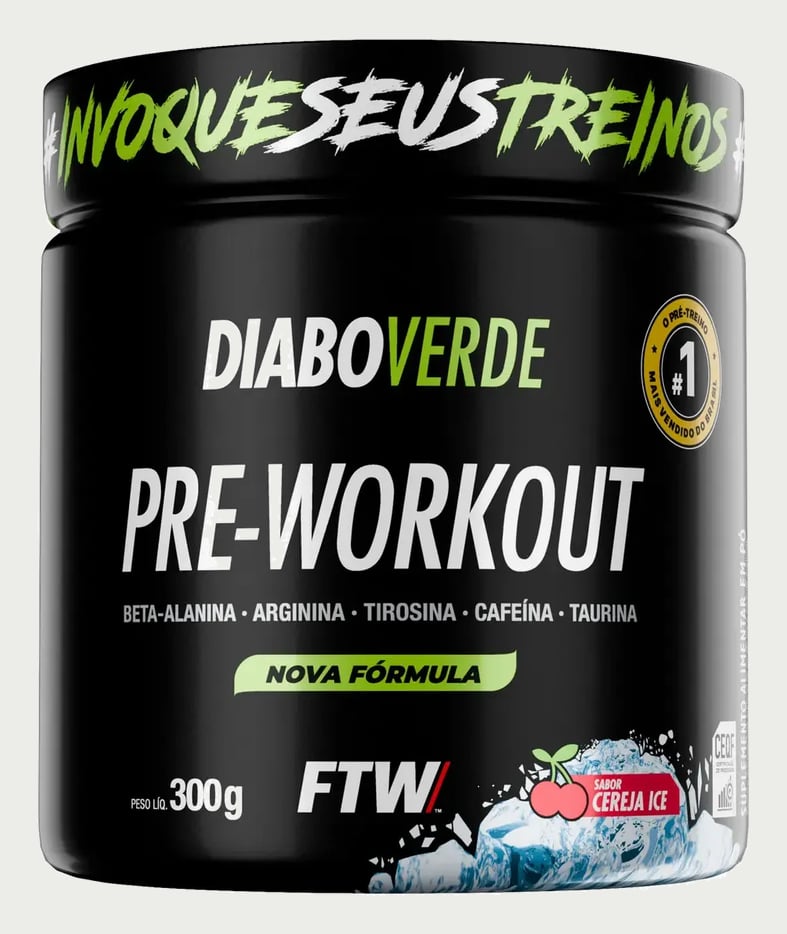 Pré Treino Pre Workout DIABO VERDE Pote 300g Sabor Cereja Ice FTW