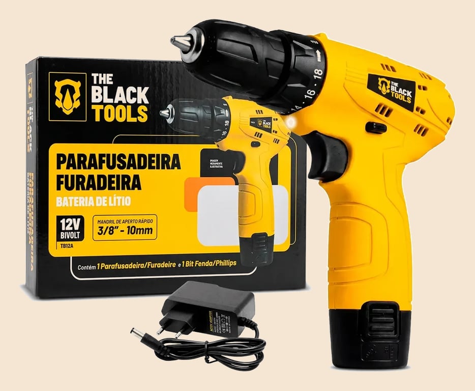 Parafusadeira Furadeira The Black Tools TB12A 3/8 a Bateria Cor Amarelo Frequência 60Hz