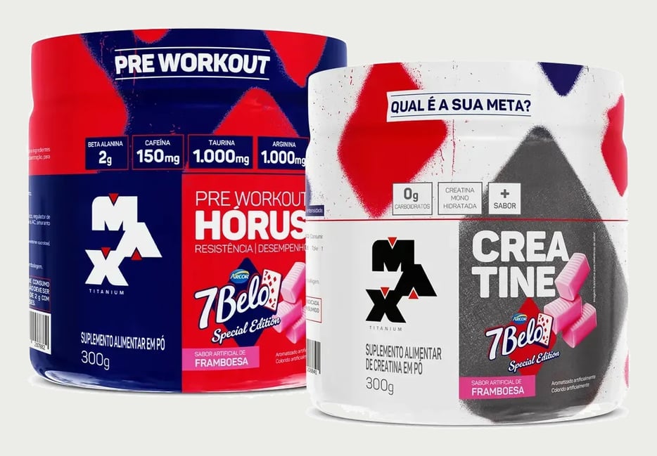 Kit Pré Treino Hórus 7 Belo + Creatina 7 Belo Max Titanium 300g Framboesa 150mg Cafeína Energia Força Performance