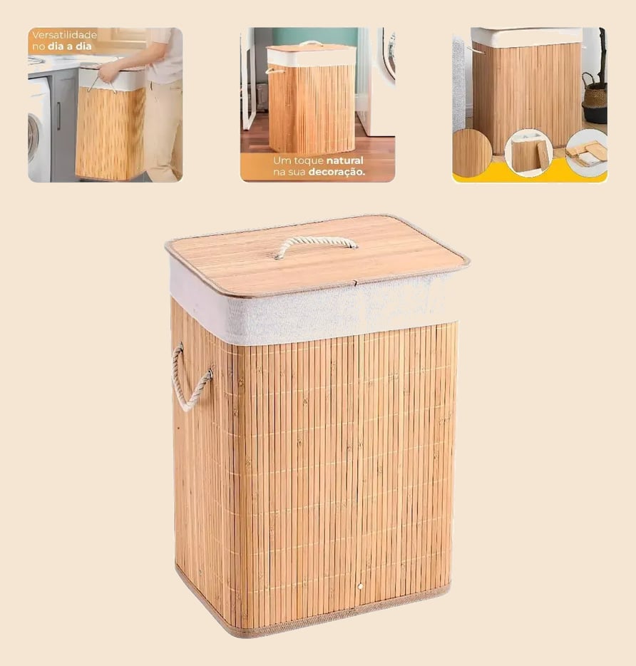 Cesto De Roupa Suja De Bambu Com Tampa E Alças 70 Litros Bege Liso