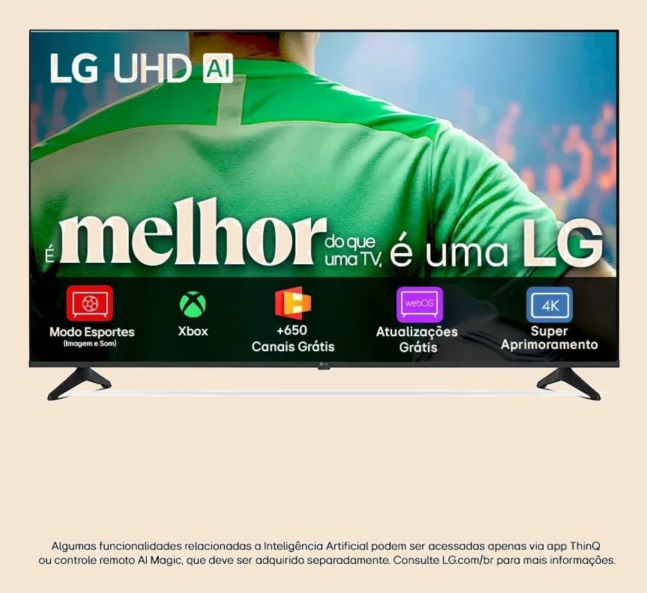 Smart TV LG UHD AI UA75 65 polegadas HDR10 Pro Processador α7 AI Ger8 webOS 25