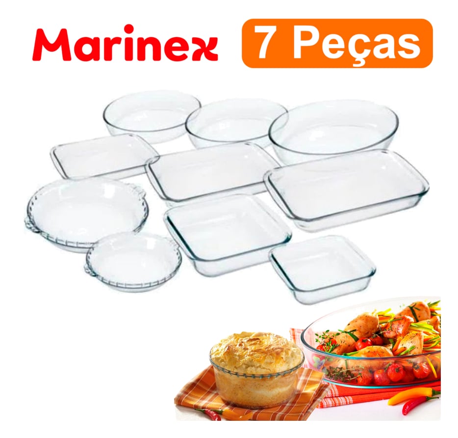 Kit Conjunto Marinex 7 peças jogo de Travessas Variadas Assadeiras em Vidro Temperado Nadir própria Para Forno