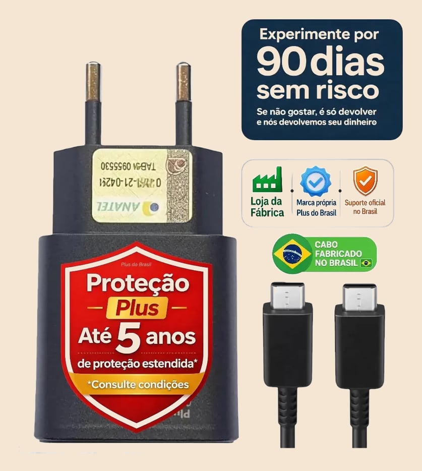 Plus Do Brasil Carregador Turbo Para Samsung Galaxy S25 S24 S23 S22 S21 S20 Fe Ultra Motorola M22 M31 M32 M62 M63 M64 G15 Xiaomi Redmi Note 12 13 14 15 - Cabo Blindado Tipo Usb C