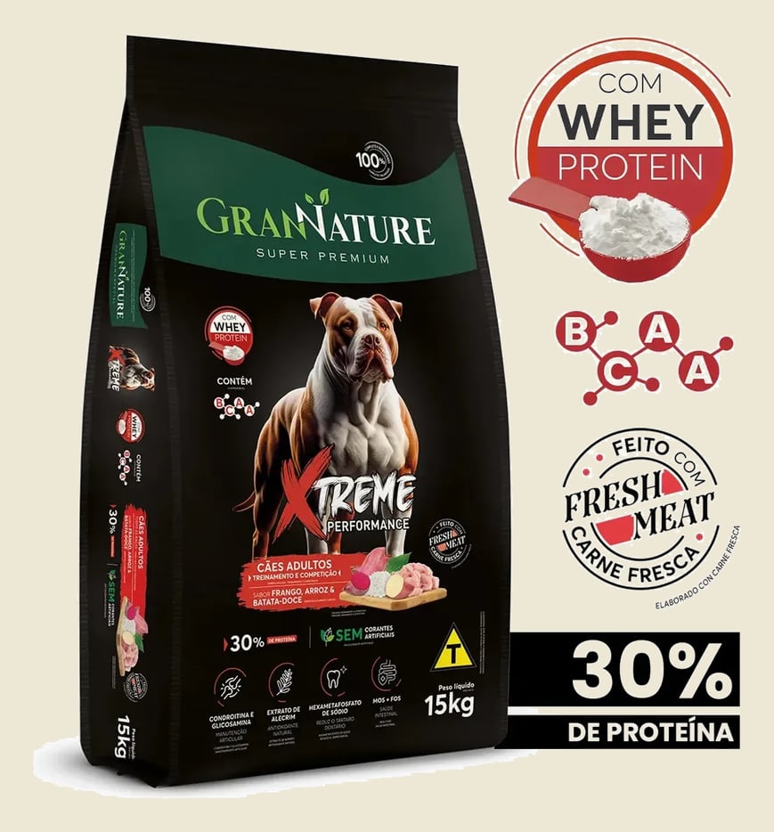 Ração Whey Protein Grannature Xtreme Alta Performance 30% Proteína para Cães Adultos raças Médio E Grande Porte - Alimento Seco Sabor Frango Super Premium Com Bcaa Sem Corantes Saúde Articular 15kg