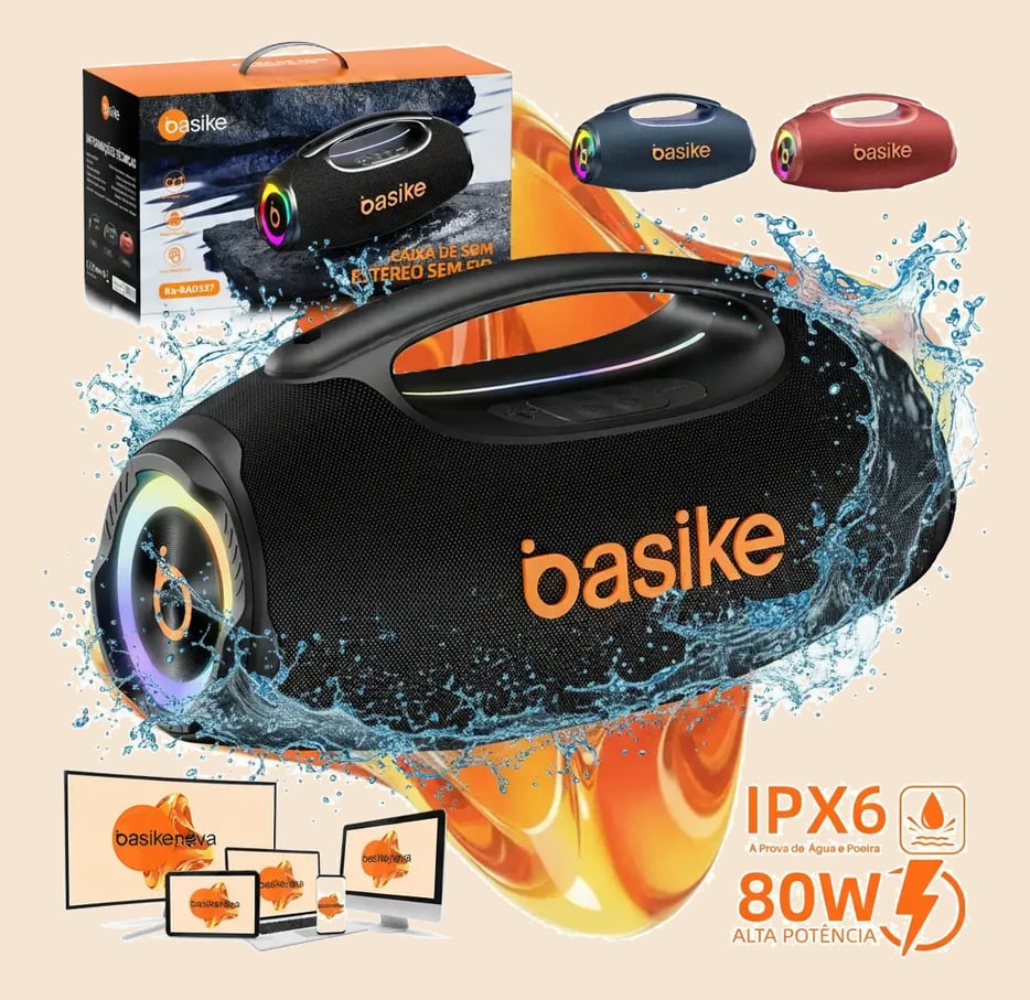 Basike Caixa de Som Portátil Com Bluetooth Boombox 80W 8000Mah 10hrs Sem fio IPX6 À Prova D'água Com Bateria Recarregavel Luz RGB Hifi TWS Bass Forte Áudio de Alta Qualid Para TV Festa Casa Subwoofer