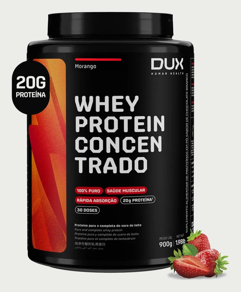 Whey Protein Concentrado DUX 900g Morango Proteína Pura